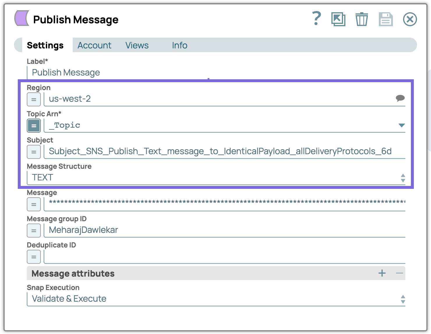 Publish Message Snap Settings