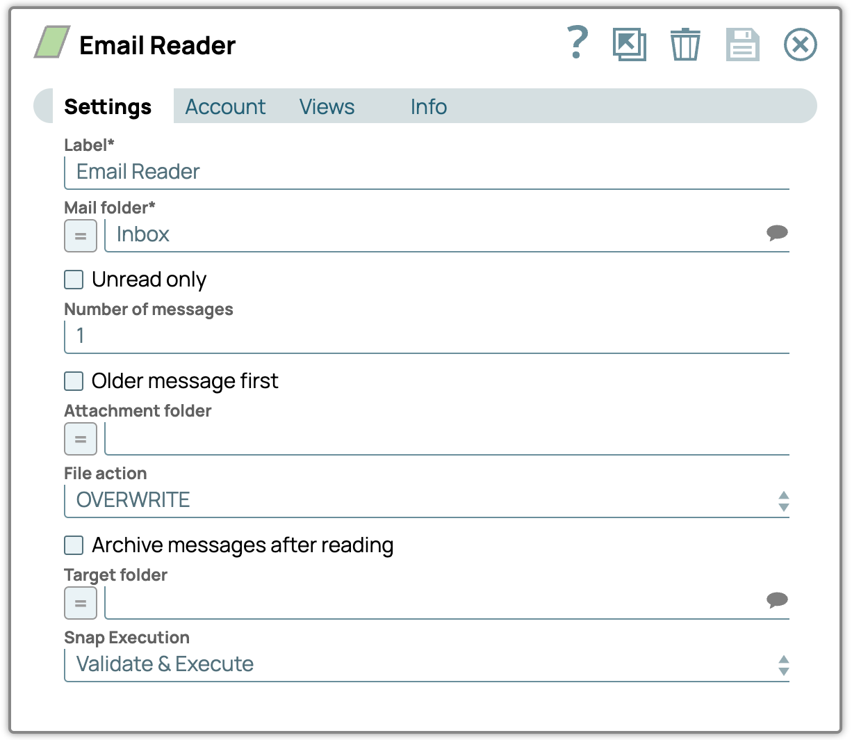 Email Reader Snap Settings