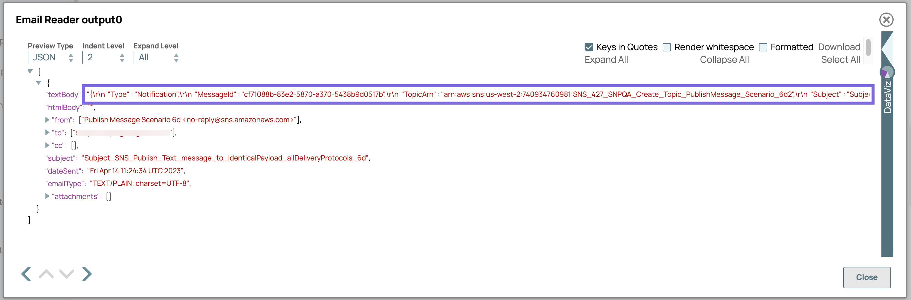 Email Reader Snap output
