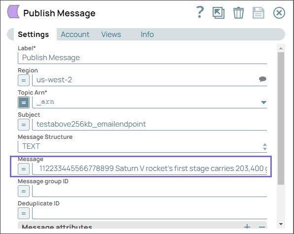 Publish Message Snap Settings