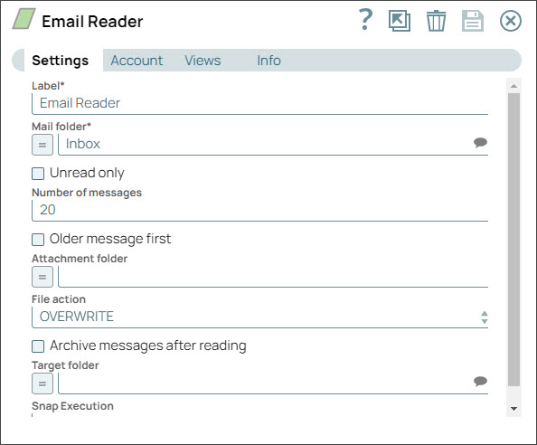Email Reader Snap Settings