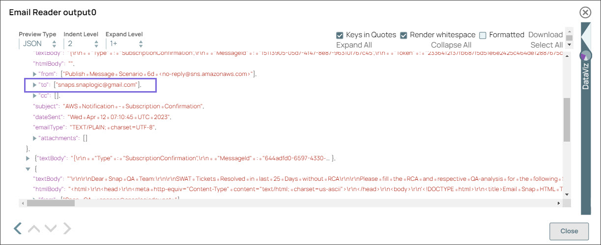 Email Reader Snap output