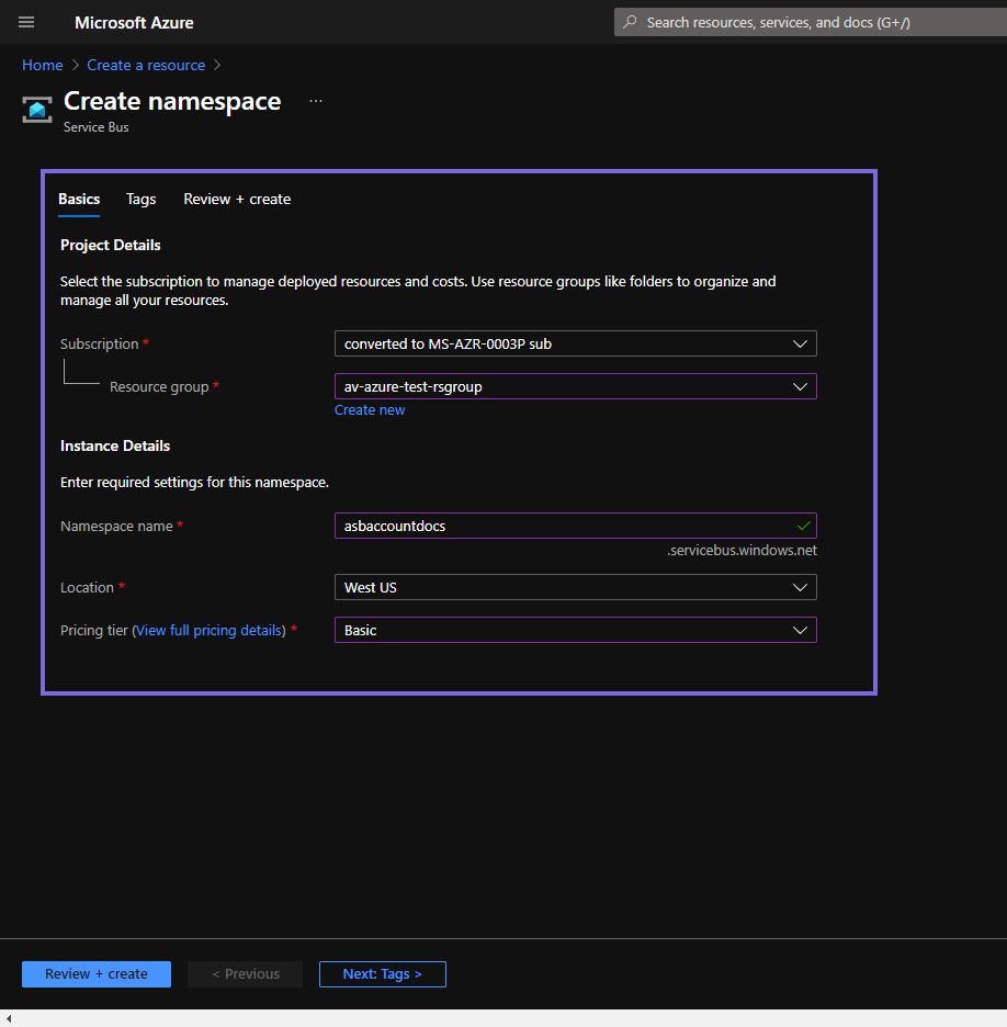 Create namespace Basics tab