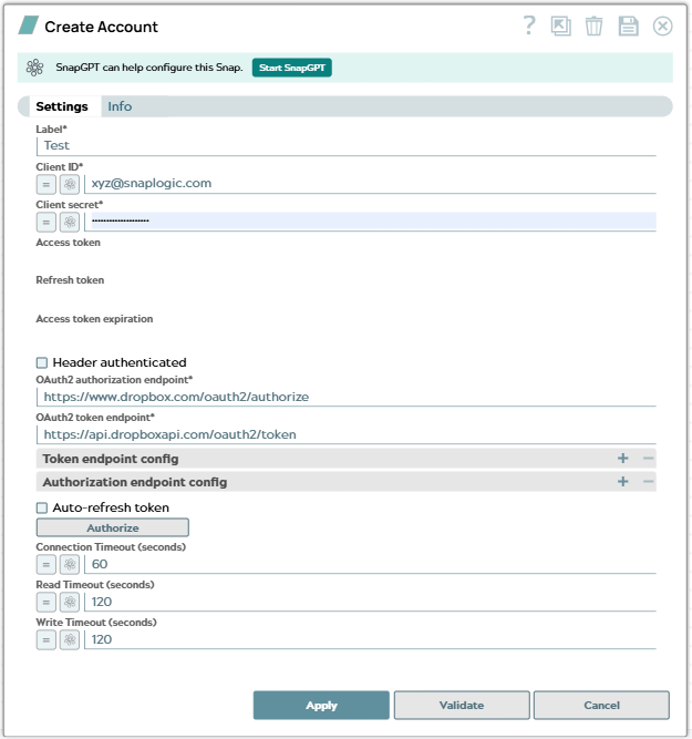 Dropbox OAuth2 Account settings