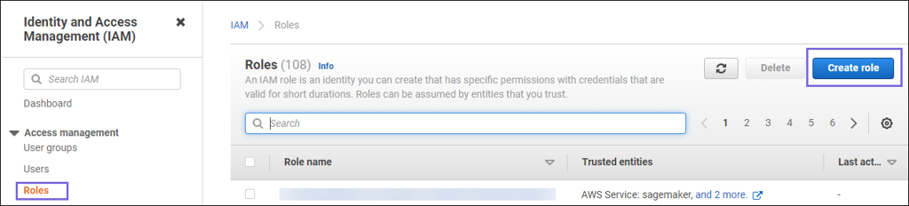 Create role button in AWS IAM console