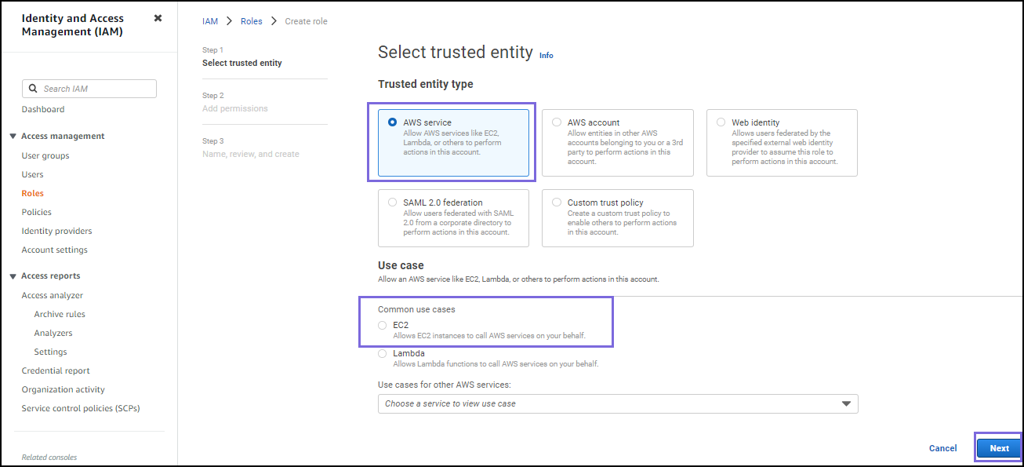 Select trusted entity type and use case