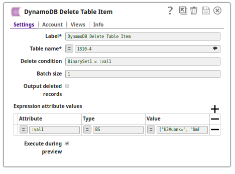 DynamoDB Delete Table Item Snap configuration