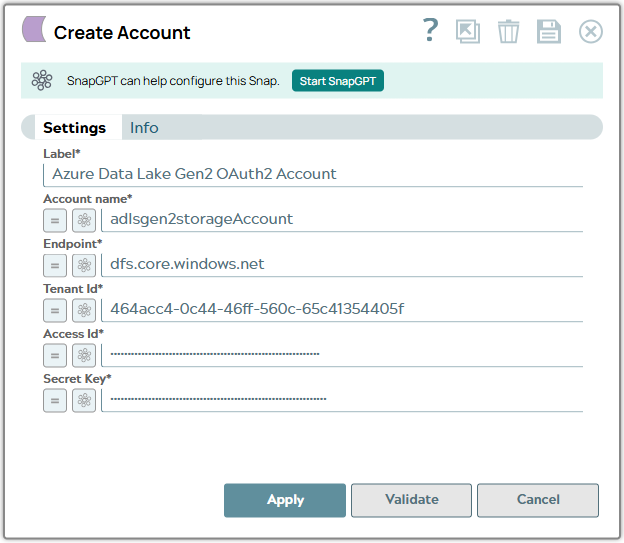 Azure Data Lake Gen 2 OAuth2 Account Settings