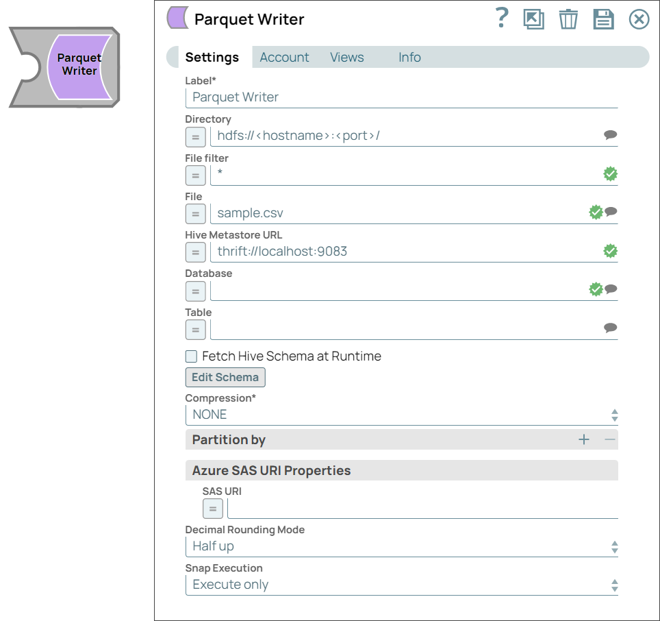 Parquet Writer Snap overview