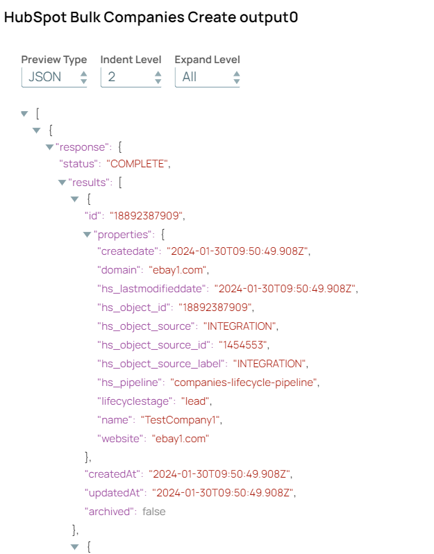 HubSpot Bulk Create Snap output