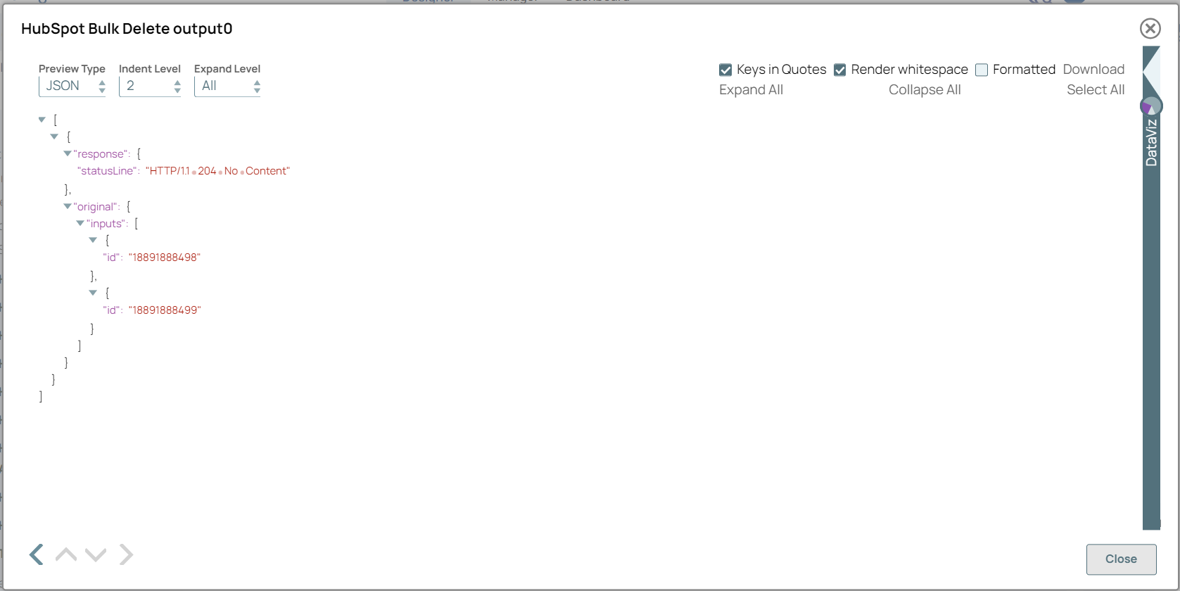 HubSpot Bulk Delete Snap output