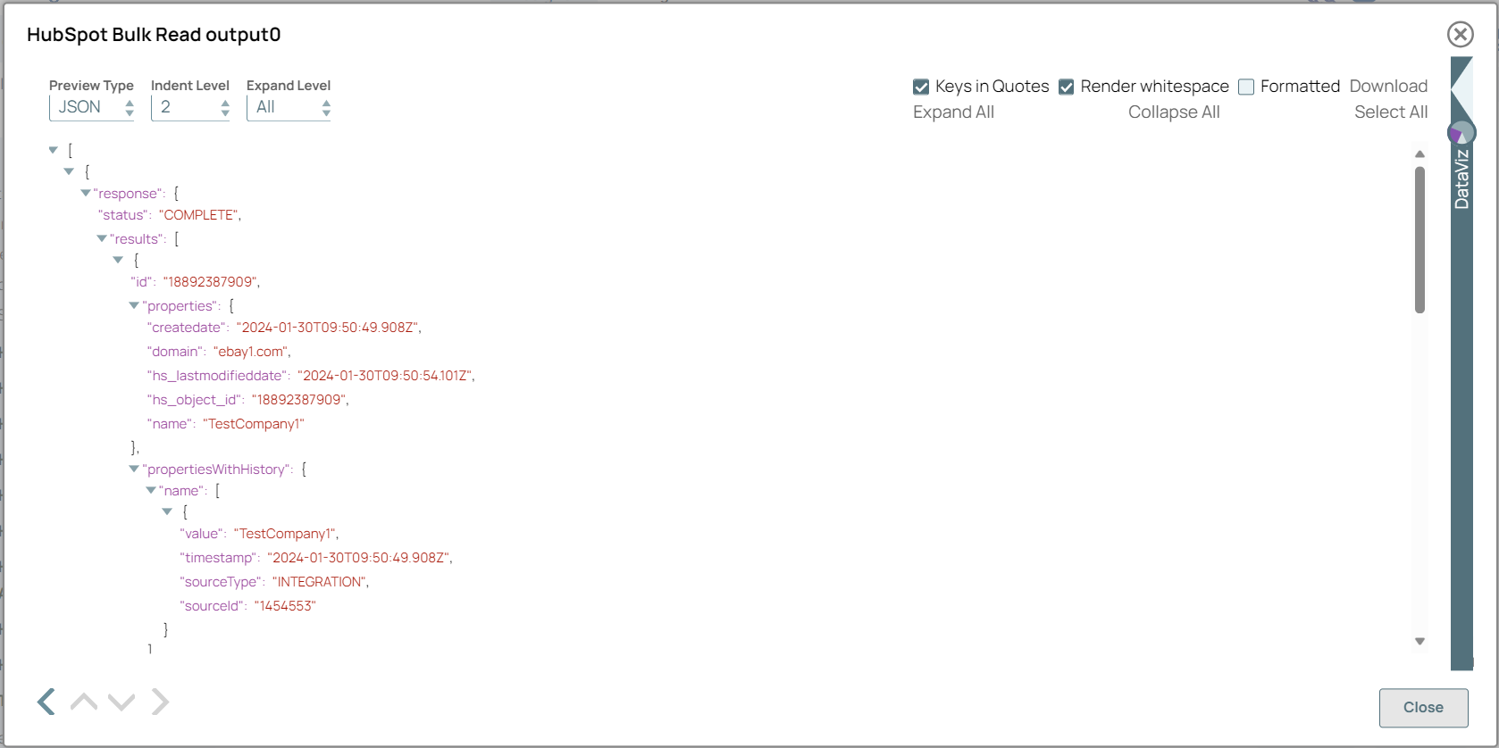 HubSpot Bulk Read Snap output