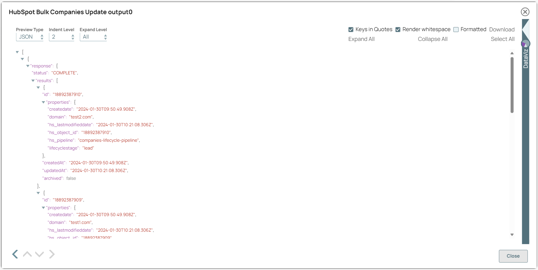 HubSpot Bulk Update Snap output