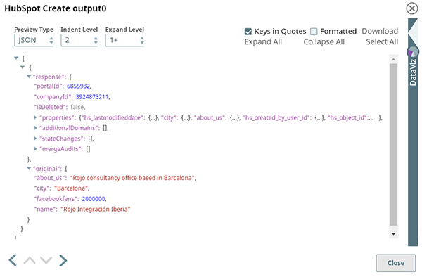 HubSpot Create Snap output