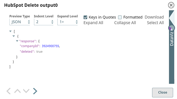 HubSpot Delete Snap output