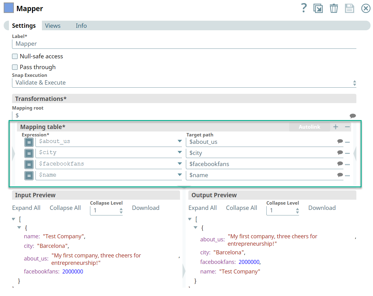 Mapper Snap configuration