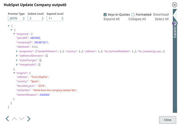 HubSpot Update Snap output