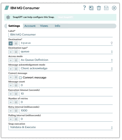 IBM MQ Consumer Snap configuration showing Message acknowledgment mode set to Client acknowledge