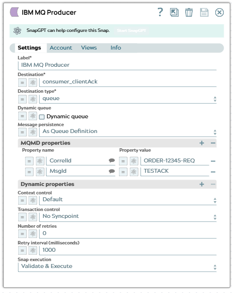 IBM MQ Producer Snap configuration showing queue name and MQMD properties