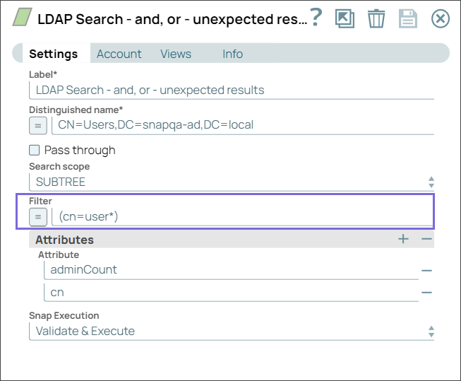 Snap settings with presence filter (cn=user*)