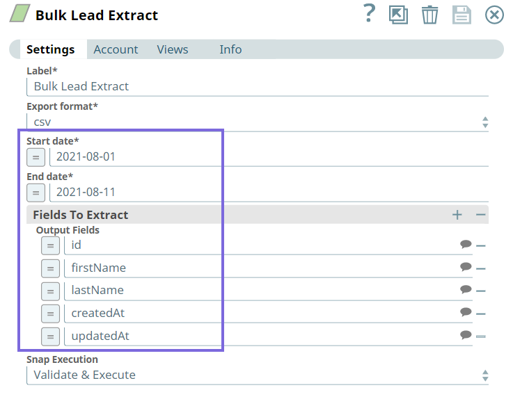 Bulk Lead Extract Snap configuration for date range