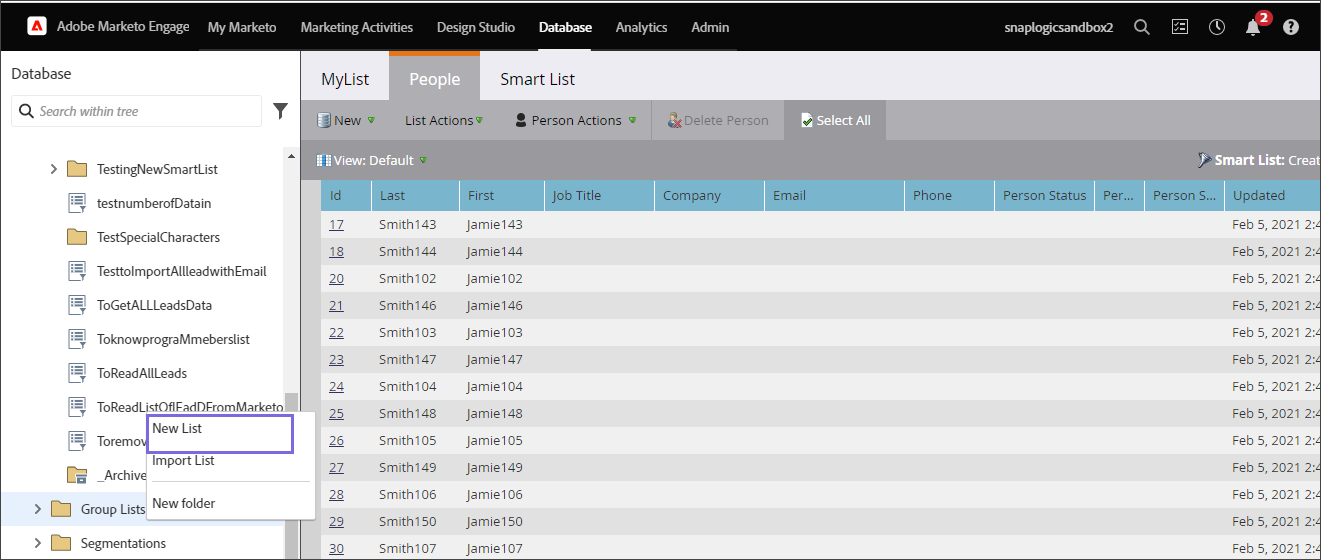 Creating a new Static List in Marketo