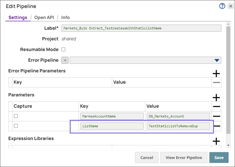Configuring pipeline parameters with static list name