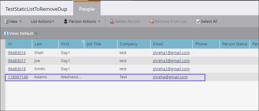 Deduplicated Static List records