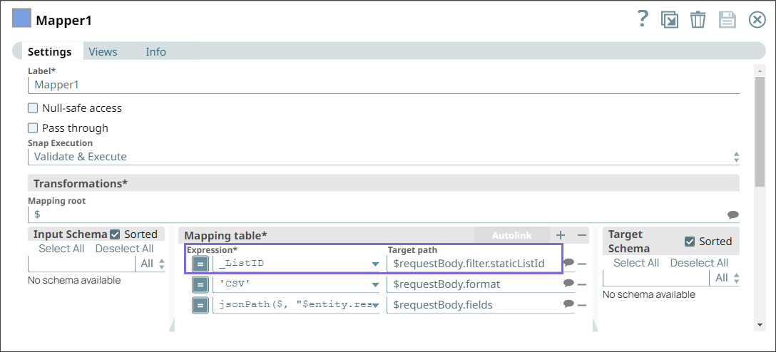 Configuring Mapper Snap with static list name
