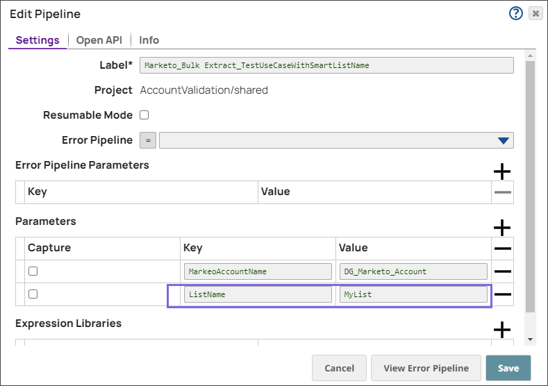 Smart List name in pipeline parameters
