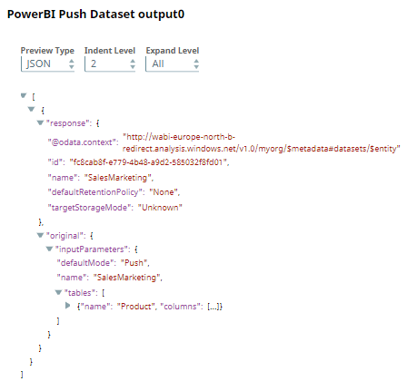 Power BI Push Dataset Snap output preview