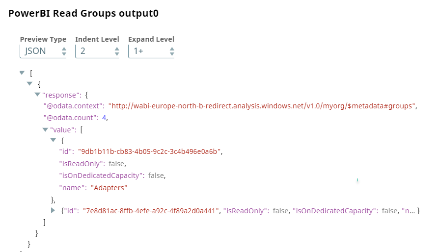Power BI Read Groups Snap output preview