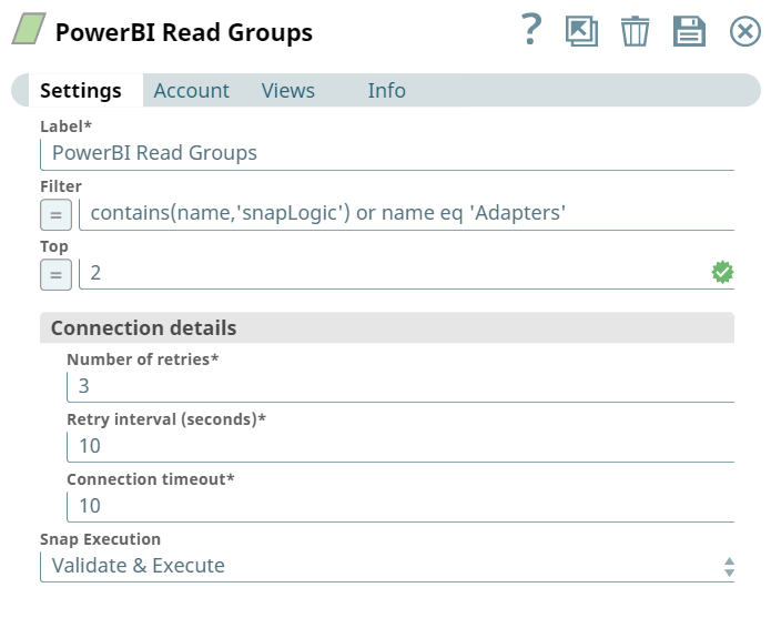Power BI Read Groups Snap settings