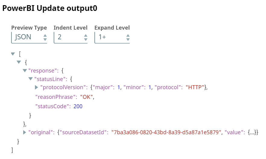 Power BI Update Snap output preview