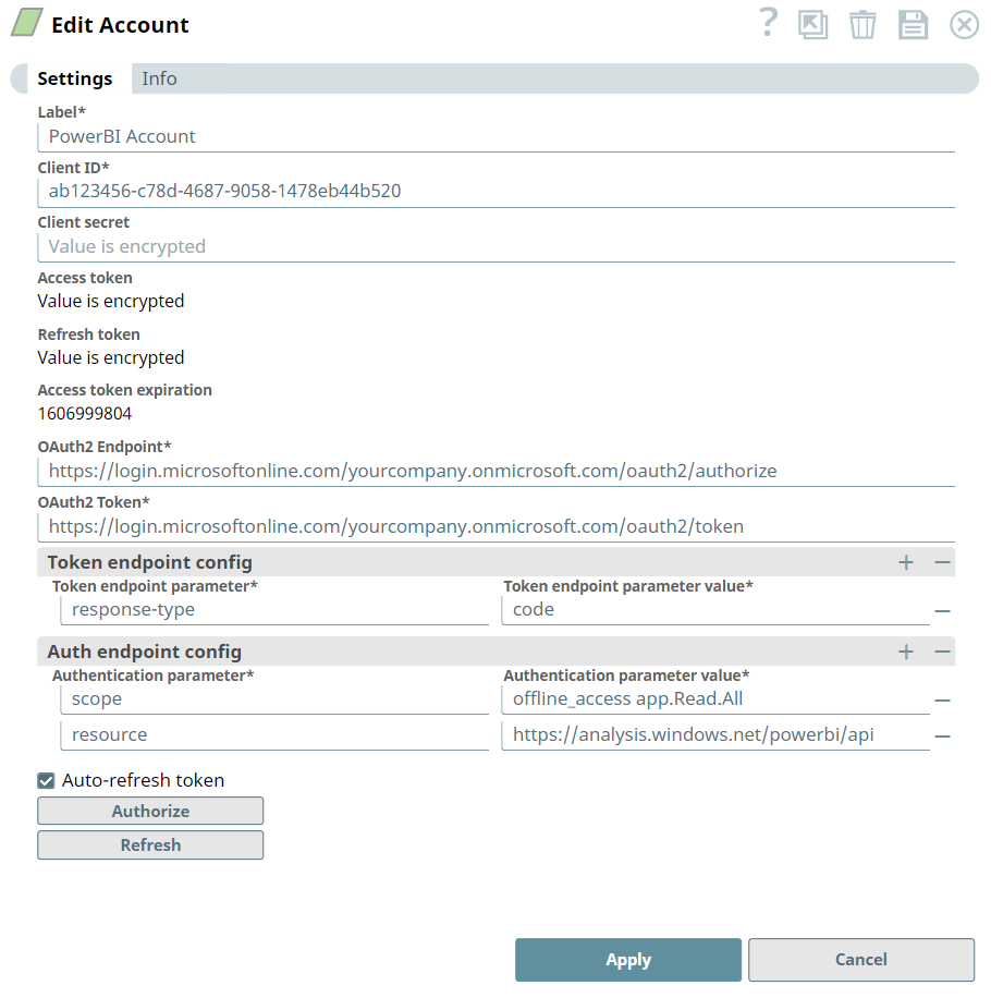 Power BI OAuth2 account settings