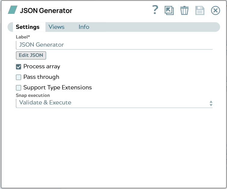 Settings tab of JSON Generator Snap.