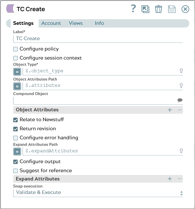 Settings tab of Tc Create Snap.