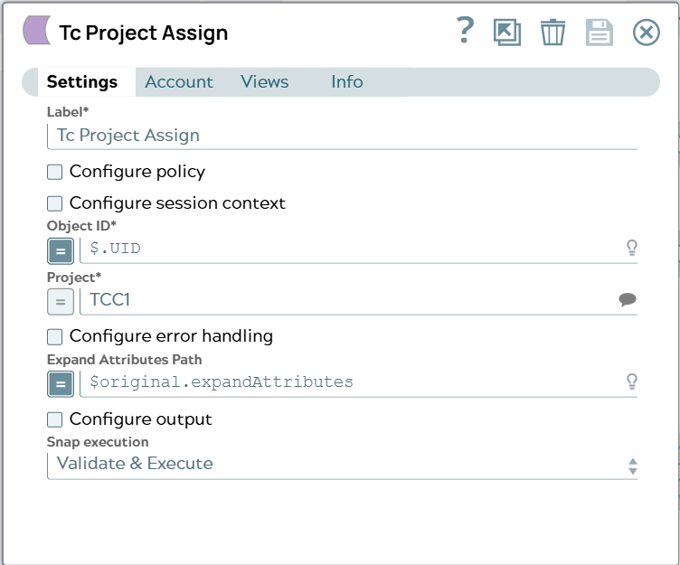 Settings tab of Tc Project Assign Snap.