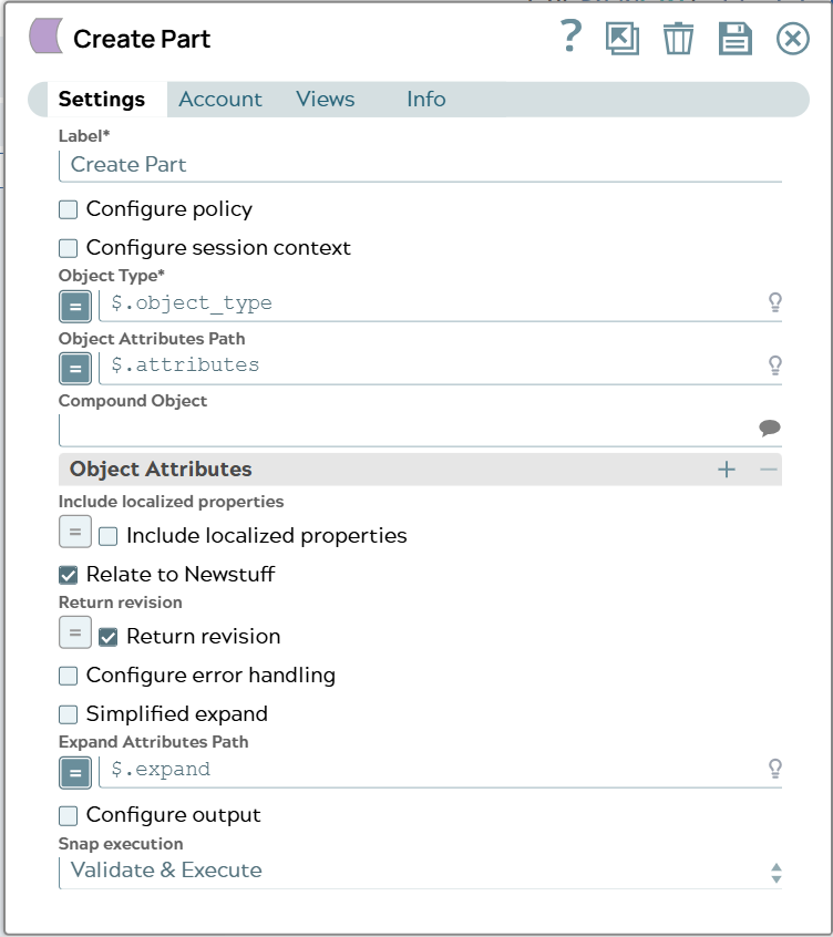 Settings tab of Tc Create Snap.