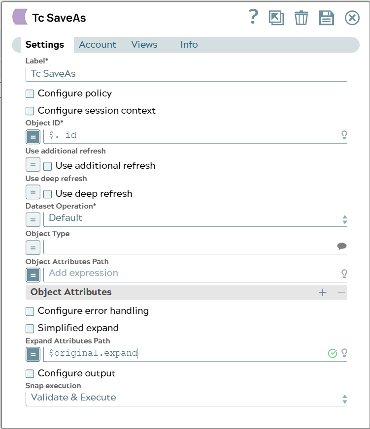 Settings tab of Tc SaveAs Snap. Only fields for 'Object ID' and 'Expand Attributes Path' are filled. 'Dataset Operation' is set to Default.