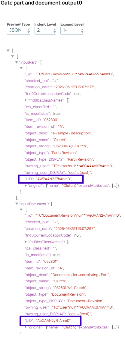JSON output document of gate Snap.