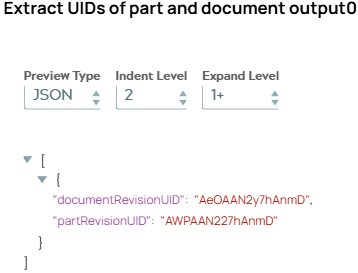 JSON document including property 'documentRevisionUID' and 'partRevisionUID'.