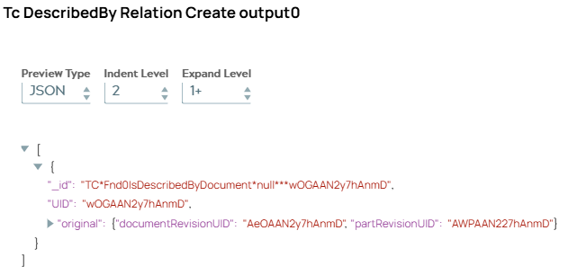 Outpu JSON document of Tc Relation Create Snap.