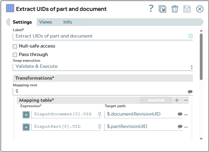 Mapper Snap Settings tab where Mapping table contains two rows. UID propterty of JSON input documents are mapped to target path.