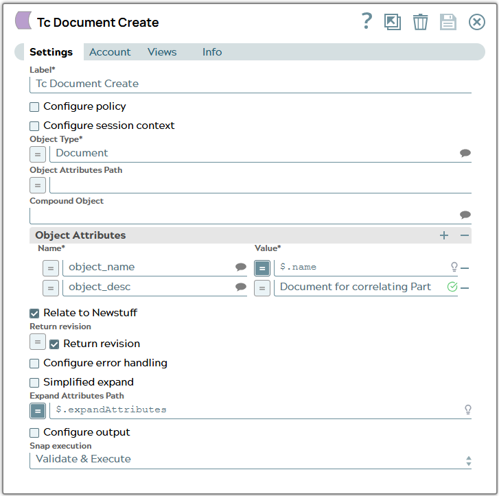 Settings tab of Tc Create Snap. Object Type is set to 'Document and name information stored in JSON is value for attribute 'object_name'.