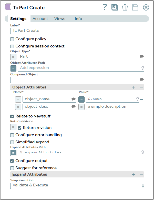 Settings tab of Tc Create Snap. Object Type is set to 'Part and name information stored in JSON is value for attribute 'object_name'.