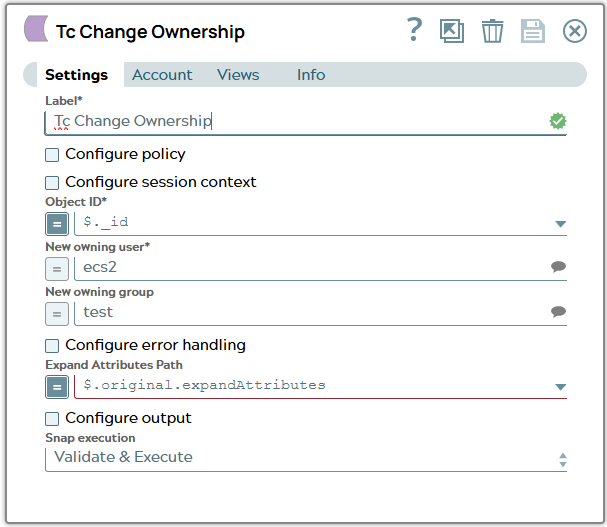 Change Ownership snap uses _id property of JSON input document and sets new owning user and group values.