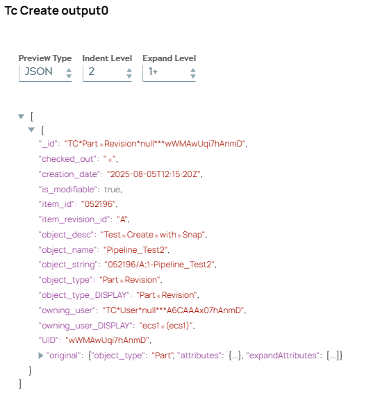JSON output document shows object information of newly created object.