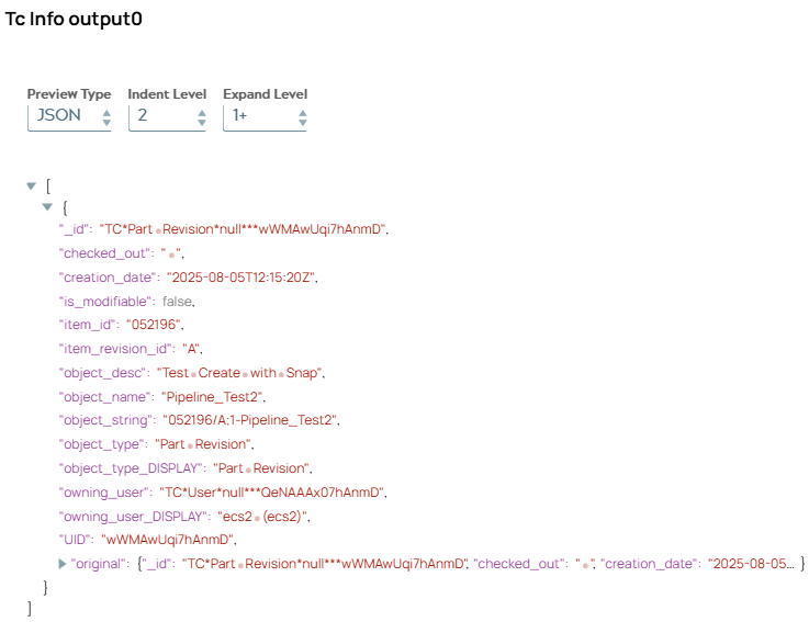 JSON output document of Tc Info snap.