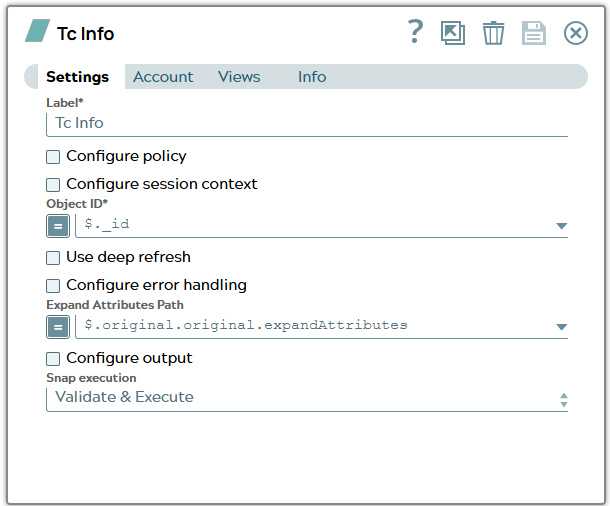 Settings tab of Tc Info Snap uses properties given in JSON input document for filling fields.